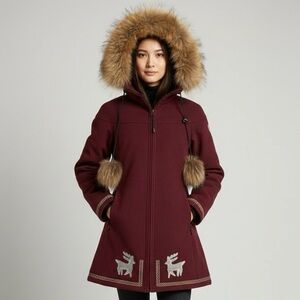 Koko & Gaston Burgundy Wool Blend Fur Trim Parka - Small 🇨🇦